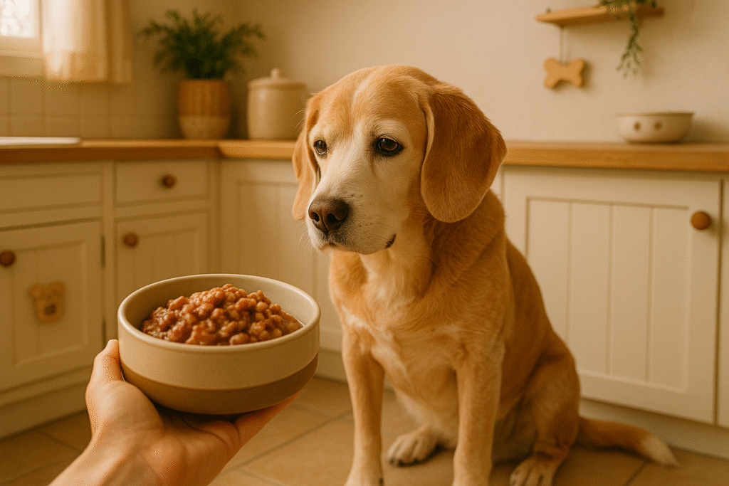 Perrito mayor a punto de comer como parte de sus cuidados especiales.