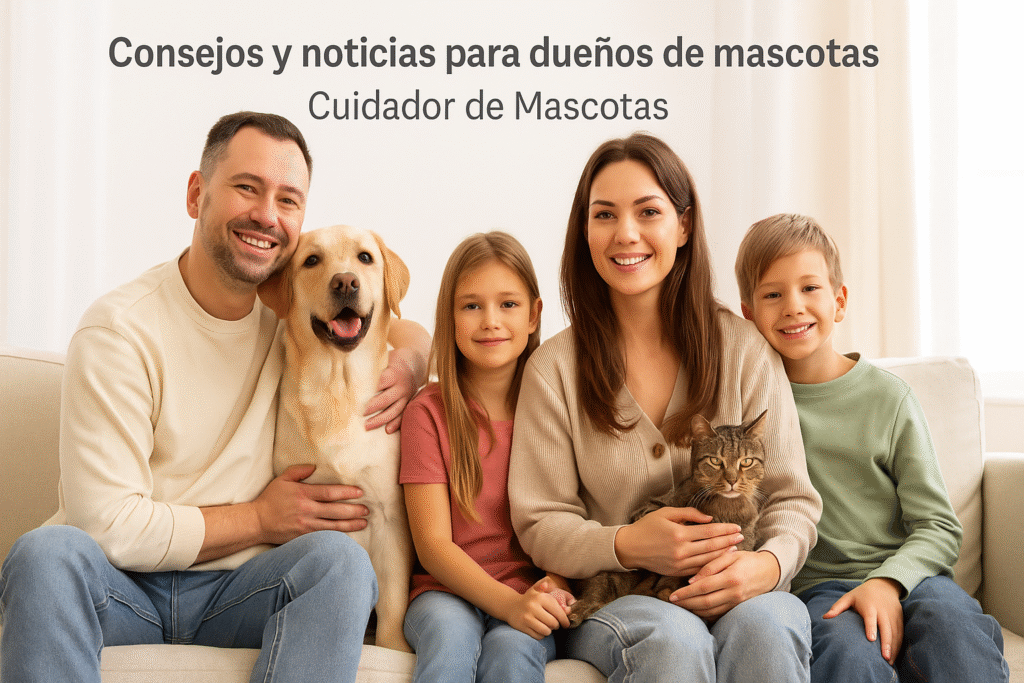 Perro y gato felices con consejos para dueños de mascotas