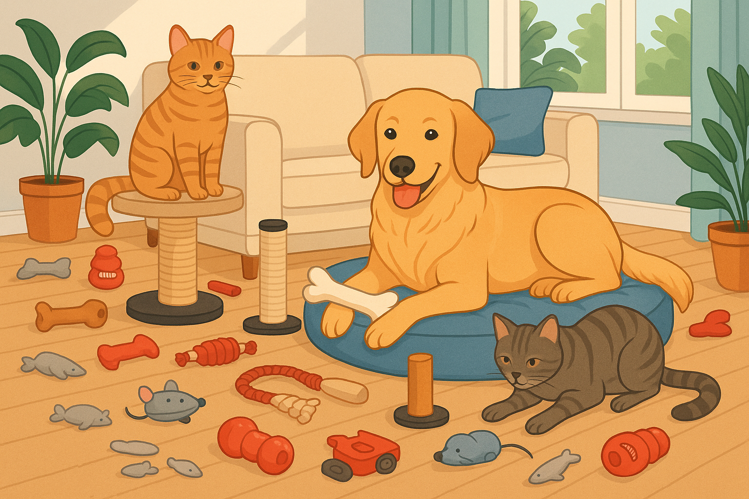 Perro y gatos felices rodeados de juguetes y productos, ilustrando Recomendaciones para el cuidado de mascotas