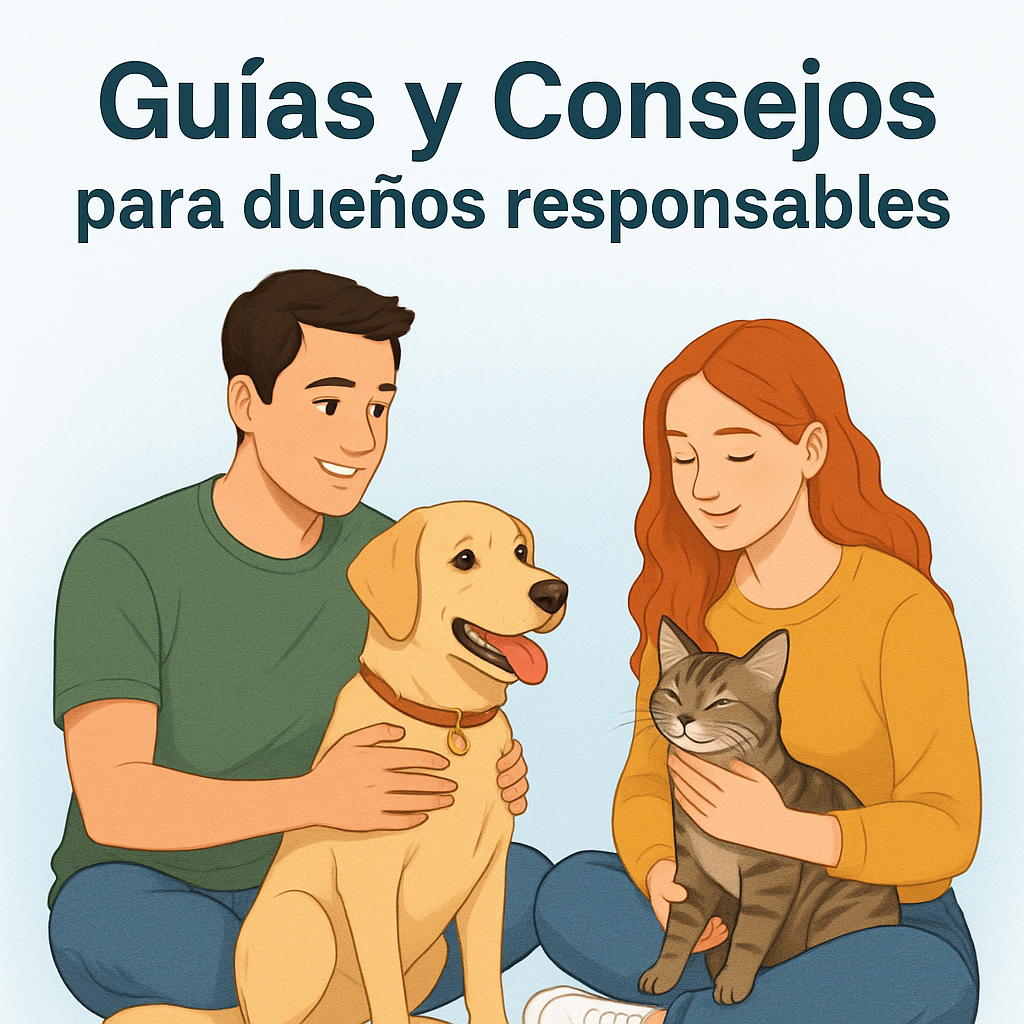Familia feliz con perro y gato representando las guías y consejos para dueños de mascotas.